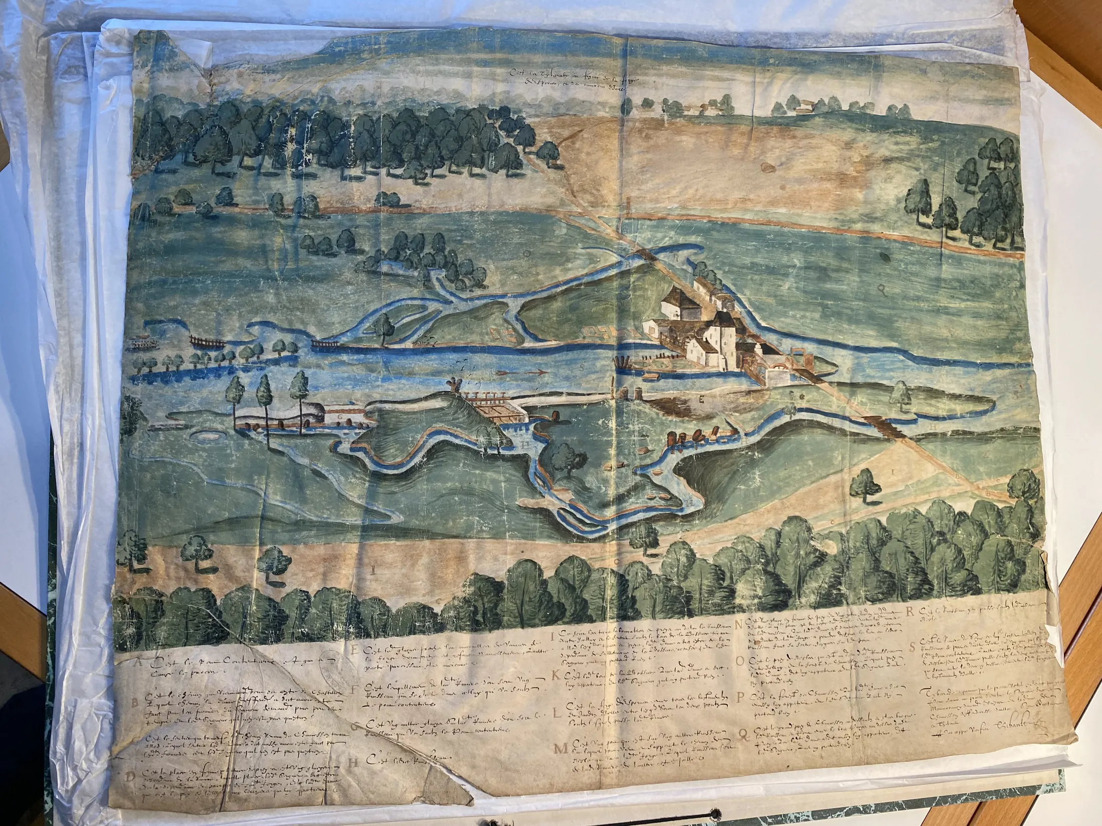Lavis sur parchemin représentant la forge d'Esporves et ses bras d'eau en 1620