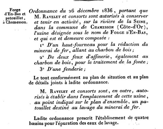 Extrait des Annales des Mines relatif aux forges de Chamesson en 1836